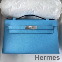 Geanta Hermes Kelly Pochette lucrata manual din piele de vitel Epsom albastra du Nord