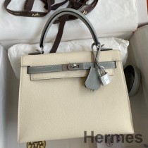 Geanta Bicolor Hermes Kelly Sellier 25 din piele de vitel Epsom Craie si Gris Mouette