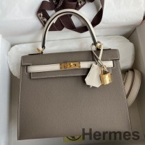 Geantă Bicolor Hermes Kelly Sellier 25 din piele de vițel Epsom Taupe și Craie
