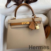 Geantă Hermes Kelly Sellier 25 bicoloră în trench și piele de vițel Epsom aurie