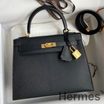 Geanta Hermes Kelly Sellier 25 lucrata manual din piele de capra Mysore neagra