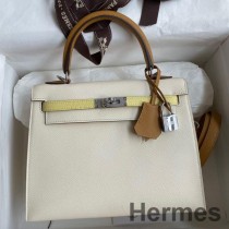 Geantă tricoloră Hermes Kelly Sellier 25 din piele de vițel Epsom craie/susan/galben