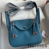 Geanta Hermes Mini Lindy Handmade Din Piele Blue Jean Clemence