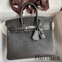 Hermes Birkin 25'li Çanta Koyu Gri Mat Timsah Timsah Derisi