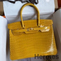 Hermes Birkin 30 El Yapımı Sarı Ambre Timsah Niloticus Parlak Deri Çanta