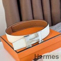 Hermes H Çift Taraflı Kemer 38MM Beyaz ve Altın Epsom Deri