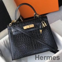 Hermes Kelly 25cm El Yapımı Siyah Kabartmalı Timsah Derisi Çanta