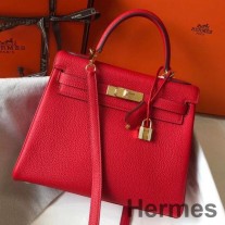 Hermes Kelly 28cm Kırmızı Clemence Deri Çanta GHW
