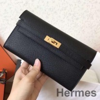 Hermes Kelly Klasik Siyah Epsom Deri Uzun Cüzdan