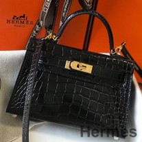 Hermes Kelly Mini II El Yapımı Siyah Timsah Kabartmalı Deri Çanta
