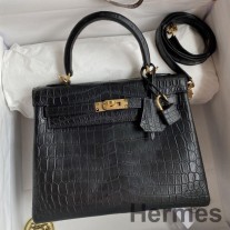 Hermes Kelly Sellier 25 El Yapımı Siyah Timsah Niloticus Mat Deri Çanta
