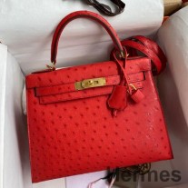 Hermes Kelly Sellier 28 Kırmızı Devekuşu Derisinden El Yapımı Çanta