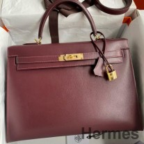 Hermes Kelly Sellier 35 Bordo Kutulu Dana Derisi El Yapımı Çanta