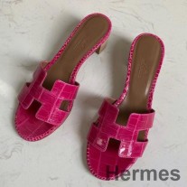 Hermes Oasis Gül Kırmızı Parlak Niloticus Timsah Sandalet