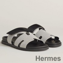 Hermes Siyah Deri Kanvas Kadın Chypre Sandalet