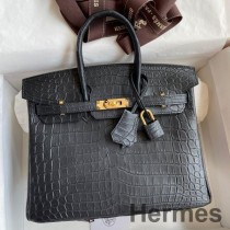 Hermes Birkin 25 El Yapımı Siyah Timsah Niloticus Mat Deri Çanta