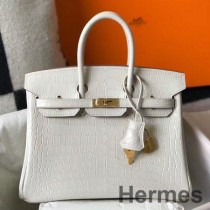 Hermes Birkin 25cm Beyaz Kabartmalı Timsah Derisi Çanta
