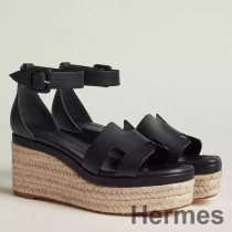 Siyah Deri Hermes Elda Espadril