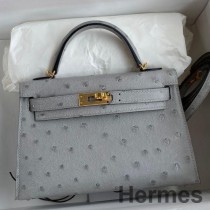 Bleu Glacier Devekuşu Derisinden Hermes Kelly Mini II Sellier El Yapımı Çanta