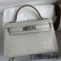 Hermes Kelly Mini II Sellier El Yapımı Gri Mat Timsah Derisi Çanta