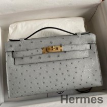 Hermes Kelly Pochette Mavi Buzul Devekuşu Derisinden El Yapımı Çanta