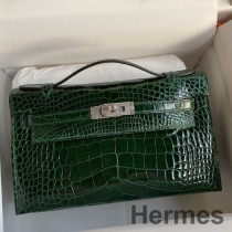Hermes Kelly Pochette Vert Fonce Parlak Timsah Derisinden El Yapımı Çanta