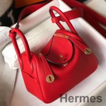 Kırmızı Clemence Deri Hermes Lindy Mini Çanta GHW