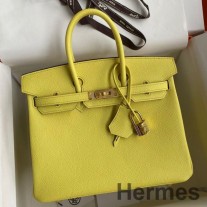 Ručně vyrobená taška Hermes Birkin 25 Retourne z telecí kůže Lime Epsom