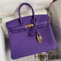 Ručně vyrobená taška Hermes Birkin 25 Retourne z fialové kůže Clemence