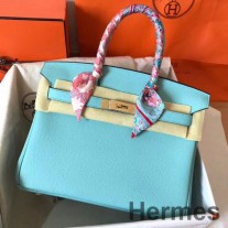 Ručně vyrobená taška Hermes Birkin 30 z modré kůže Atoll Clemence