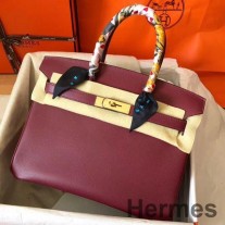 Ručně vyrobená taška Hermes Birkin 30 z Bordeaux Epsomské kůže