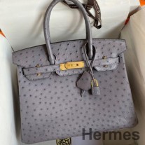 Ručně vyrobená taška Hermes Birkin 30 Retourne z šedé asfaltové pštrosí kůže