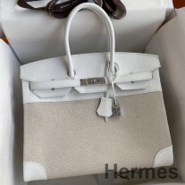 Ručně vyrobená taška Hermes Birkin 35 z Toile & White Clemence Leather