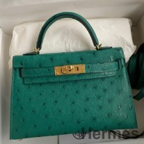 Ručně vyrobená taška Hermes Kelly Mini II Sellier z pštrosí kůže Vert Vertigo