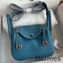 Ručně vyrobená taška Hermes Mini Lindy z modré Jean Clemence kůže