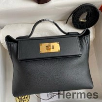Hermes 24/24 Mini 21 ručně vyrobená taška v černé barvě Evercolor kůže