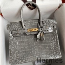 Ručně vyrobená taška Hermes Birkin 30 z lesklé kůže Tourterelle Crocodile Niloticus