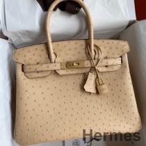 Ručně vyrobená taška Hermes Birkin 30 Retourne z pštrosí kůže Chai
