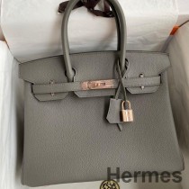 Ručně vyrobená taška Hermes Birkin 30 Retourne z kůže Gris Meyer Clemence