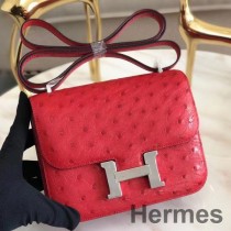 Hermes Constance 18 ručně vyrobená taška z červené pštrosí kůže