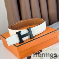 Hermes H oboustranný 38MM pásek s matnou přezkou v bílé a zlaté epsomské kůži
