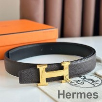 Hermes H oboustranný opasek 32MM z kůže Clemence Chocolate