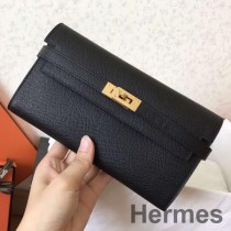 Hermes Kelly klasická dlouhá peněženka v černé epsomské kůži