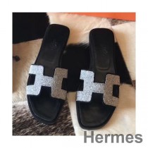 Sandály Hermes Oran V černém Semišu S Křišťálem
