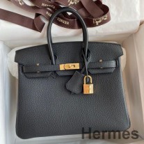 Hermes Birkin 25 käsintehty laukku mustaa Clemence-nahkaa
