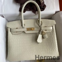 Hermes Birkin 30 käsintehty laukku Craie Crocodile Niloticus -mattanahossa