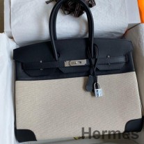 Hermes Birkin 35 käsintehty laukku Toile & Black Swift nahkaa