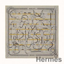 Hermes Grey/Yellow Panoplie Equestre Eyeliner Shawl 140