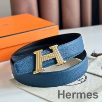 Hermes H Take Off käännettävä vyö 32 MM sinistä Clemence-nahkaa