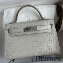 Hermes Kelly Mini II Sellier käsintehty laukku harmaata matta alligaattorinahkaa